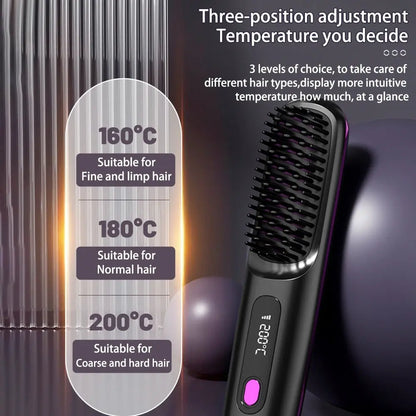 2 In 1 Straight Hair Comb Wireless Hair Straightener Brush Hair Fast Heating Portable Hot Curler USB Charging Easy Bazaar