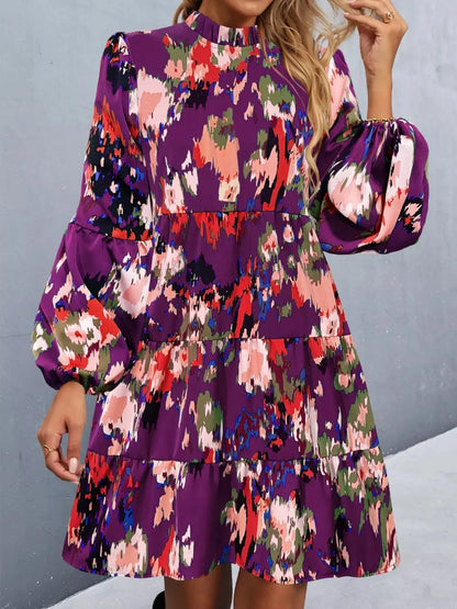 Printed Balloon Sleeve Mini Dress Trendsi