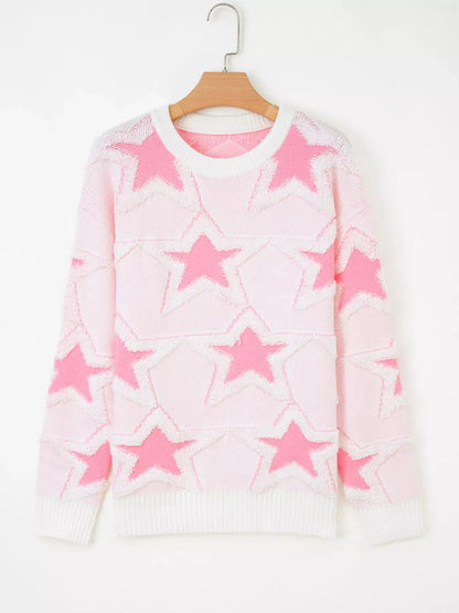 Oversized Star Pattern Ribbed Edge Drop Shoulder Sweater Trendsi
