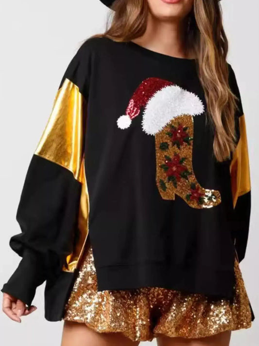 Christmas Sequin Boot Long Sleeve Sweatshirt Trendsi
