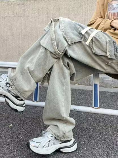 Men's Full Size Drawstring Wide Leg Cargo Jeans Plus Size Trendsi
