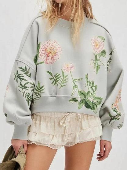 Printed Round Neck Dropped Shoulder Sweatshirt Trendsi