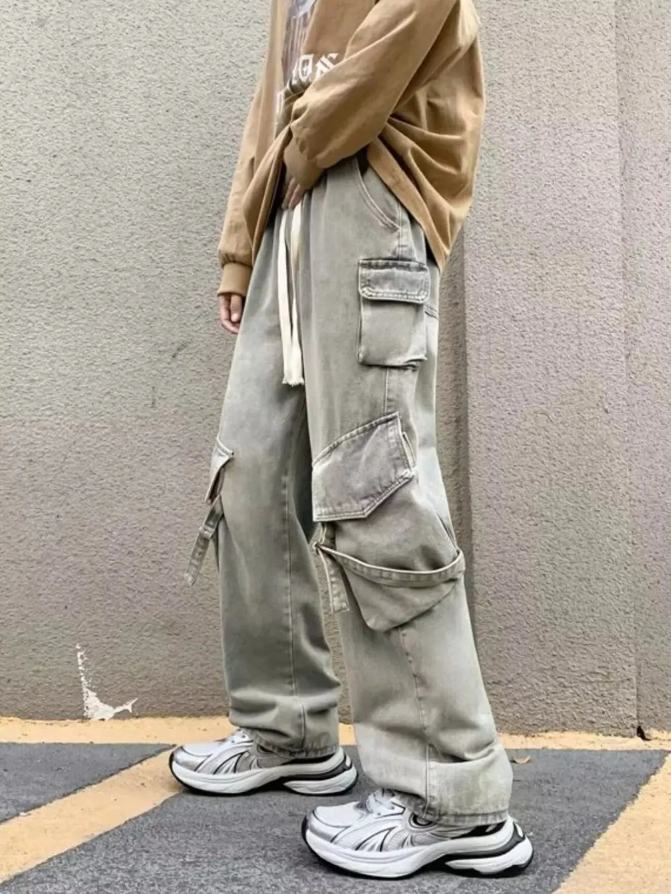 Men's Full Size Drawstring Wide Leg Cargo Jeans Plus Size Trendsi