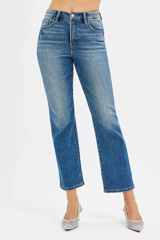 RISEN Tummy Control High Rise Crop Straight Jeans Trendsi