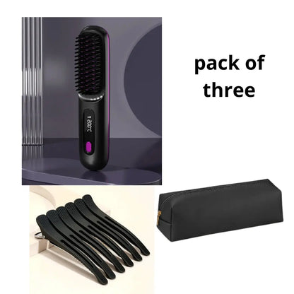 2 In 1 Straight Hair Comb Wireless Hair Straightener Brush Hair Fast Heating Portable Hot Curler USB Charging Easy Bazaar