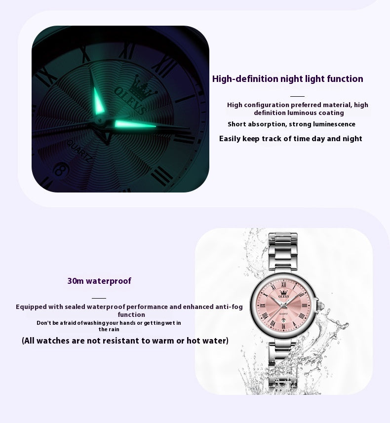 Waterproof quartz watch with calendar for women
