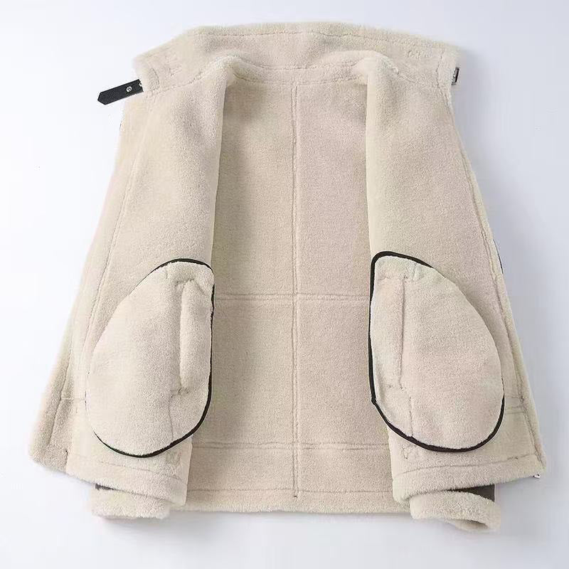 Brown faux leather jacket with fleece lining for men