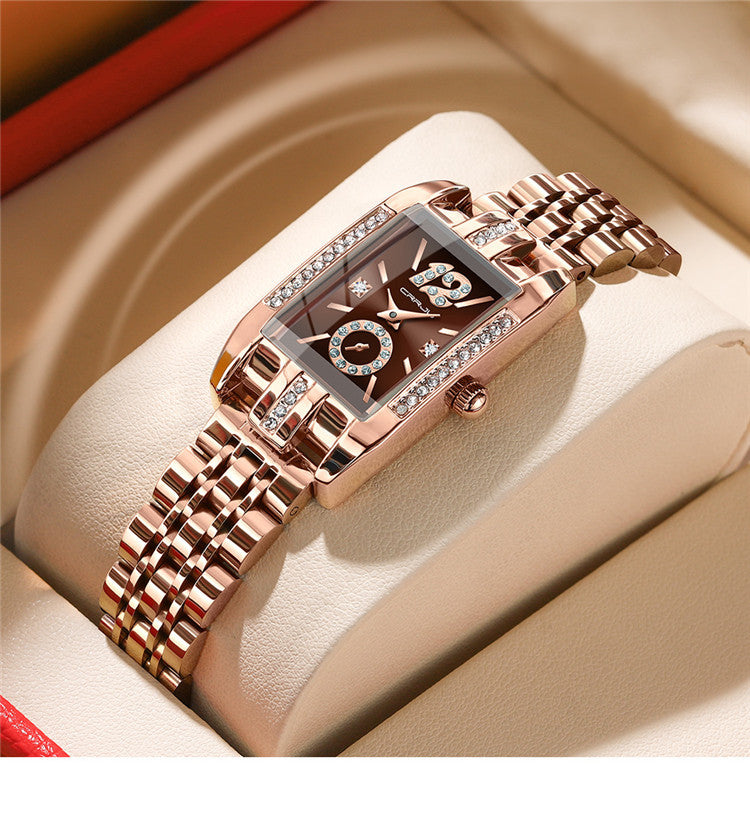Stainless Steel square watch for women displayed on wrist showing elegant minimalist design