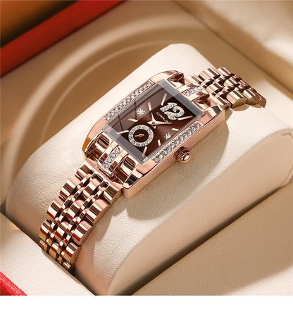 Stainless Steel square watch for women displayed on wrist showing elegant minimalist design