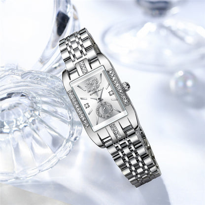 Stainless Steel square face watch for women with blue leather strap and classic design